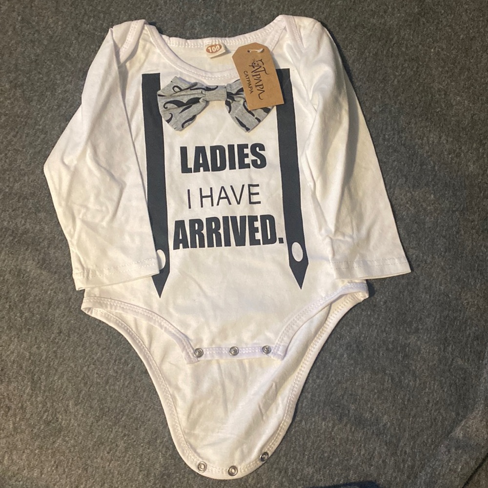 “Ladies I Have Arrived” Graphic Long Sleeve Bow Tie Onesie